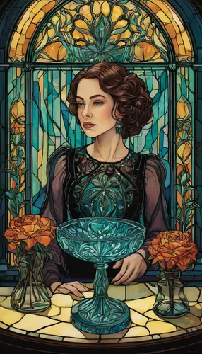 art nouveau,art nouveau design,art nouveau frame,candlemaker,art nouveau frames,apothecary,stained glass,absinthe,victorian lady,merida,rosa ' amber cover,stained glass window,cinderella,stained glass windows,centrepiece,wineglass,sandglass,looking glass,queen anne,victorian style,Illustration,Realistic Fantasy,Realistic Fantasy 45