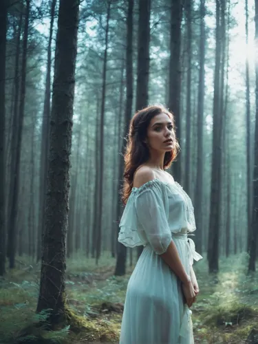 To change the appearance of the woman in the photo, she is standing in the forest in the middle of a light style photo shoot,ballerina in the woods,mystical portrait of a girl,girl with tree,dryad,for