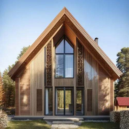 modern barnhouse, carved wooden panels, red wood fasade,  white decorative cornice, forest backgrdoun,an artisticly designed house stands on an expansive lawn,timber house,passivhaus,arkitekter,danish