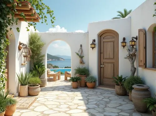 Eclectic coastal villa, white plaster walls, rustic wooden doors, distressed finishes, ornate metal lanterns, lush greenery, tropical plants, driftwood decorations, vintage nautical elements, weathere