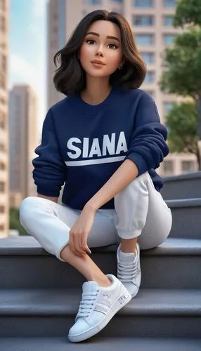 The image shows a young woman sitting on a concrete staircase. She is wearing a navy blue sweatshirt with the word "Siana" written on it in white letters. She has long dark hair that is blowing in the