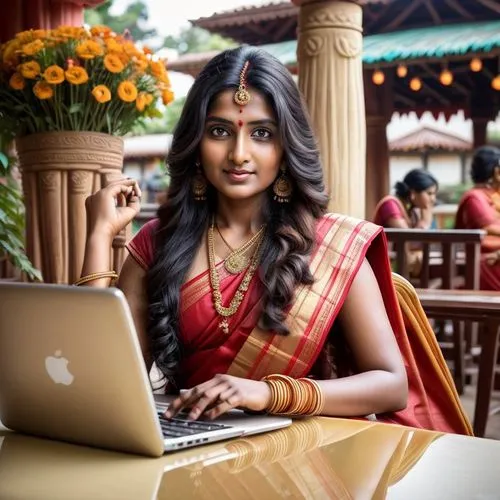 beautiful indian woman working on her macbook while sitting down,varalakshmi,jayalakshmi,shailaja,krishnaveni,devayani,rajalakshmi,vijayalakshmi,niharika,remya,rajakumari,jyotsna,jyothi,behindwoods,in