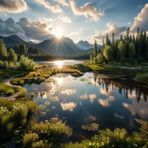 lake , sun , forest , mountains , clouds ,beautiful sunset over a mountain lake on the side,landscape background,fantasy landscape,salt meadow landscape,nature landscape,meadow landscape,nature wallpa