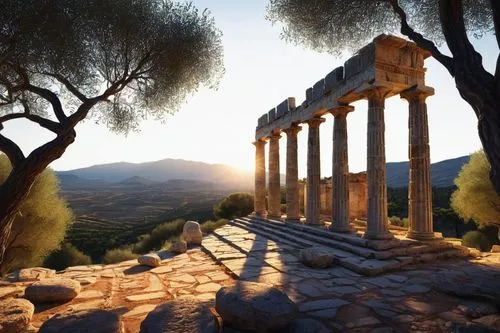 greek temple,segesta,delphi,ephesus,erechtheus,pergamum,celsus library,tiryns,laodicea,roman temple,dougga,temple of hercules,temple of diana,messene,mycenae,ancient olympia,volubilis,celsus,temple of poseidon,leptis,Art,Classical Oil Painting,Classical Oil Painting 16