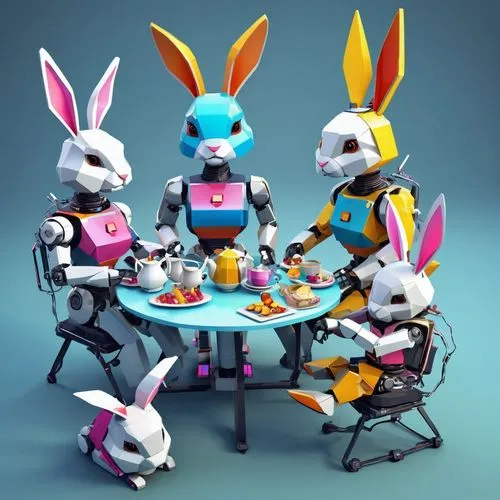 tea party, multiple robots, female robot, robot body, rainbow skin, anthropomorphic rabbit, female rabbit, rabbit face, rabbit tail,  metal tail, animal head, visible metal head, visible mechanisms, c