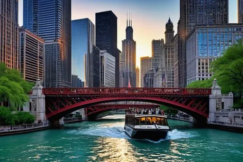 Chicago River, sunset time, calm water reflecting city skyscrapers, Chicago Architectural Foundation boat, people on board, guided tour, knowledgeable guide speaking through a microphone, passengers w