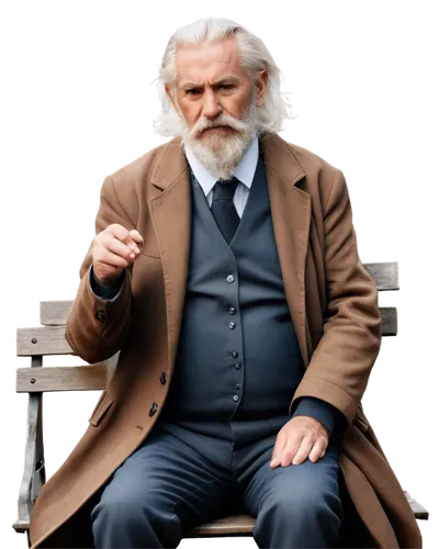 Lonely old man, solo, sitting on bench, worn face, white hair, thick beard, tired eyes, wrinkled skin, simple clothing, brown coat, holding cane, morning light, soft focus, shallow depth of field, mel