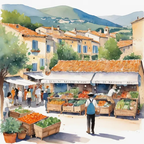 provencal life,vegetable market,farmer's market,farmers market,fruit market,marketplace,the market,provence,watercolor shops,market vegetables,market place,market,aix-en-provence,principal market,medieval market,farmers local market,large market,greengrocer,covered market,market stall,Illustration,Paper based,Paper Based 07