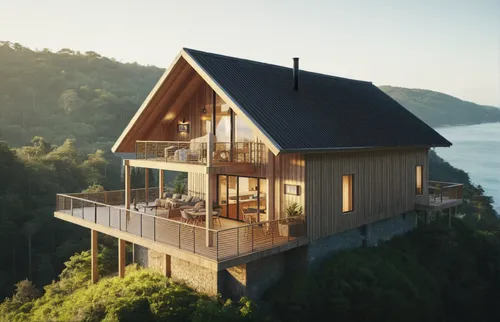 hillside house on stilts with forest and sea views,tree house hotel,wooden house,timber house,house by the water,chalet,tree house,summer house,treehouse,the cabin in the mountains,summer cottage,inve