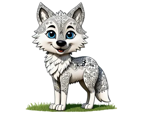 Wolf, cartoon style, standing pose, blue eyes, fluffy fur, pointed ears, bushy tail, white chest, black nose, smiling face, front paws together, green grass, warm sunlight, shallow depth of field, vib