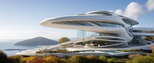 DISEÑO EXTERIOR DE UNA RESIDENCIA ESTILO FUTURISTA CON FORMA ESPACAIL ORGANICA, CON UN AMPLIO VENTANAL DE CRISTAL AL FRENTA, CON VISTA AL MAS, RODEADA DE VEGETACIÓN EXUBERANTE, CORRECION DE ERRORES, P