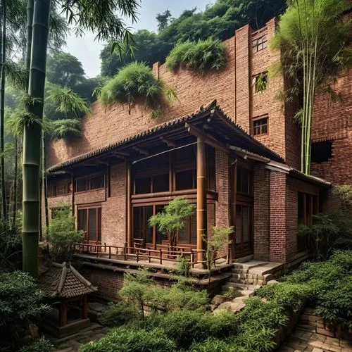 a house surrounded by greenery and trees in the middle of a jungle,ryokan,asian architecture,ryokans,teahouse,dojo,sanshui,Photography,General,Realistic