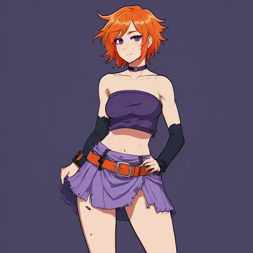 Anime style digital illustration featuring a female character with orange hair. She has light skin and striking purple eyes. The character wears a tattered strapless top and a short, tattered skirt wi