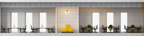 section of workspace greys and hint of yellow color palette. Wall cladding designs. 3 longitudinal windows, ,kitchen utensils,shower bar,power plugs and sockets,kitchen tools,industrial design,hydraul