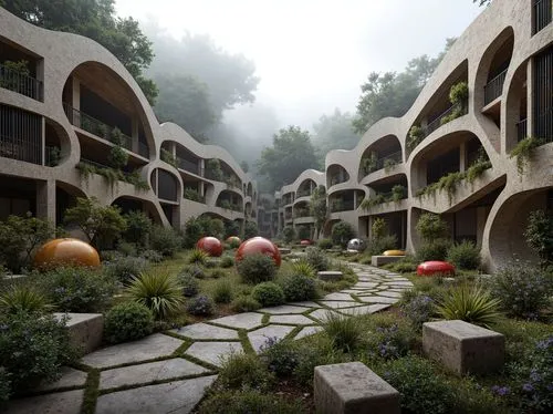 ecotopia,biospheres,interlace,biopiracy,courtyards,apartment block,terraformed,labyrinths,apartment complex,garden of plants,spheres,apartment building,apartment blocks,ecovillages,terraforming,biopolis,sanatoriums,futuristic architecture,futuristic landscape,scampia