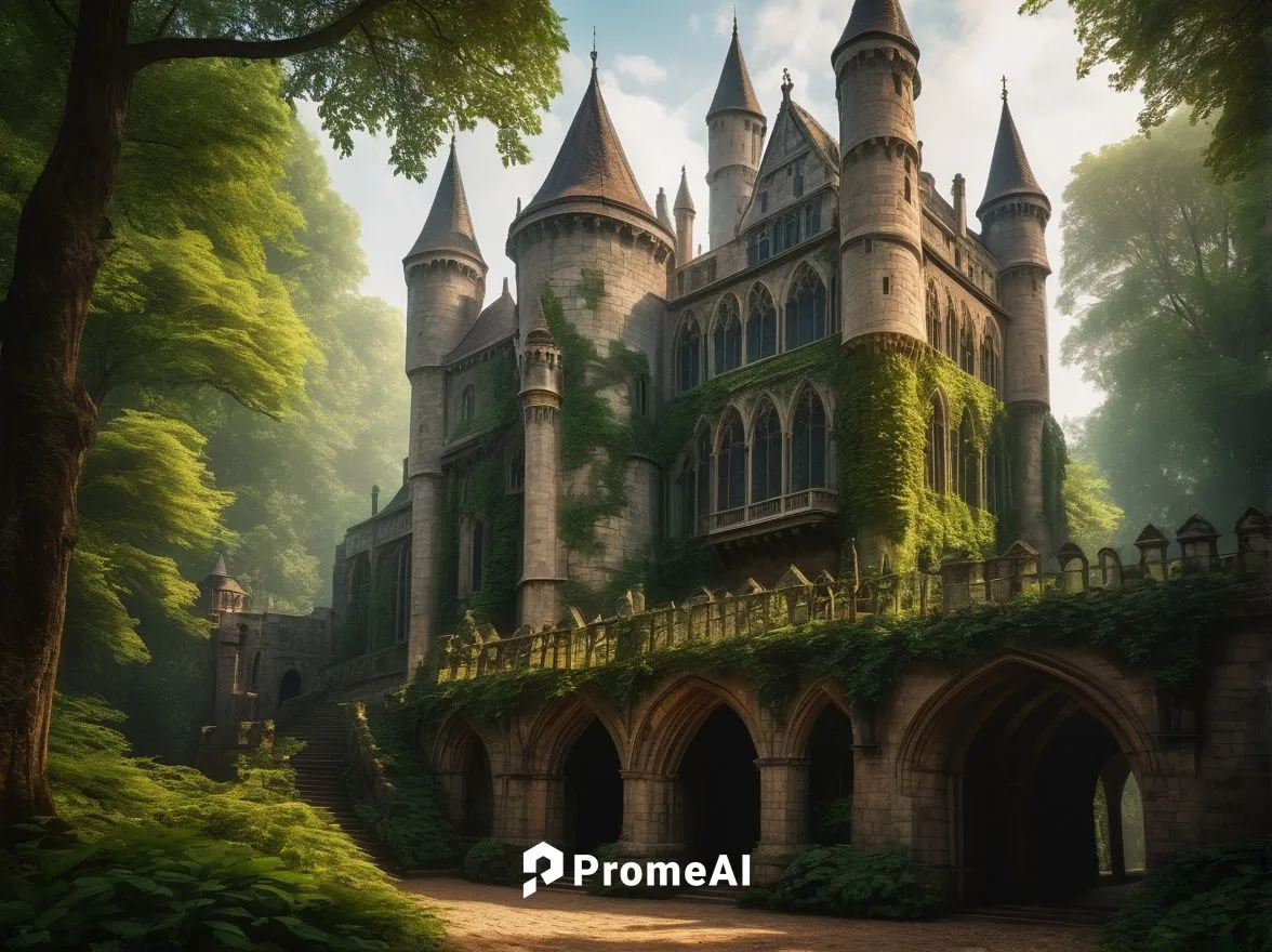 Gothic castle, medieval style, stone walls, tall spires, grand hall, stained glass windows, ornate doorways, intricate carvings, majestic towers, battlements, moat surrounding, lush green forest, mist