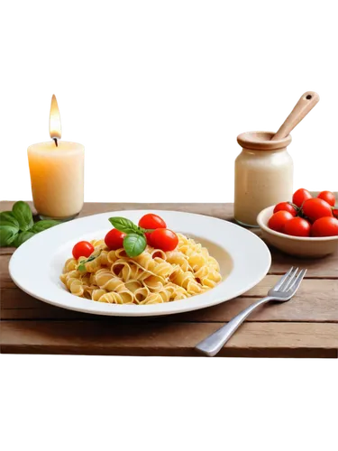 Fork holding pasta, close-up, creamy sauce, bright red cherry tomatoes, fresh basil leaves, golden crusty bread on side, rustic wooden table, warm candlelight, shallow depth of field, appetizing compo