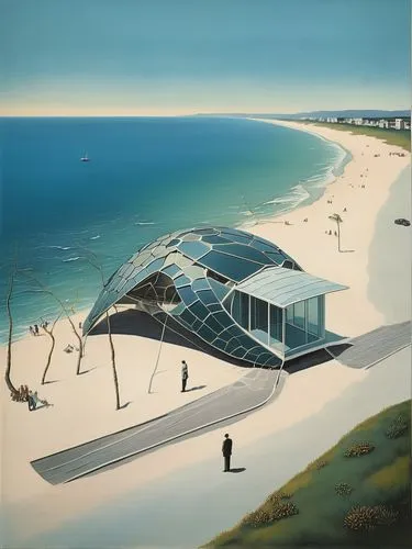 Modern futuristic condo on the roadside overlooking the ocean with shade structure resembling a sea turtle shell
,matruschka,dunes house,beach huts,beach house,beach hut,seaside resort,sylt,beach tent