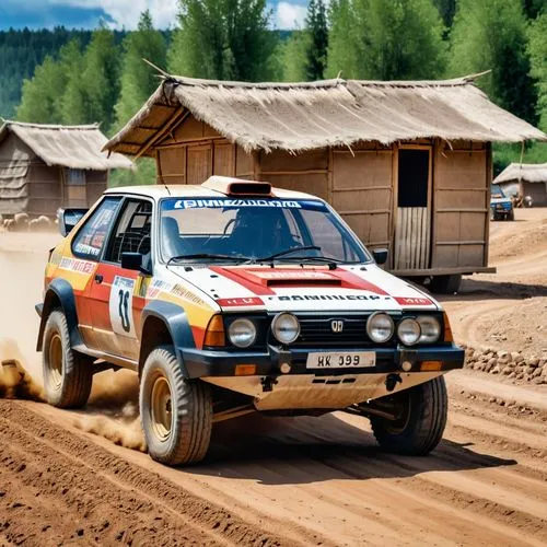 A rally vehicle from the 1990s, with a nice paint job and being on a dirt road with some huts on the sides of the road.,dakar rally,aprc,vatanen,kadett,rallye,rally,sainz,rallying,ralli,prokop,bouffie