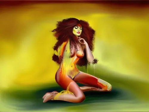 Passion Sexy Painting ,Naked Woman  Abstract Body Art Oil Painting,a woman in a yellow and red body paint,hanumanji,sekhmet,vishwamitra,chhinnamasta,kaliyuga,aradia,Illustration,Paper based,Paper Base