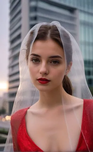 a portrait half body of caucasian girl 22 years old, brown hair, brown eyes, red lips, wearing a red dress stand up in a street of Madrid City close to metro station at sunset in a rainy day in4k,a  w