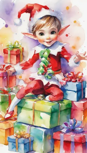 Bring to life a joyful image of an elf on the shelf surrounded by colorful presents,watercolor christmas background,blonde girl with christmas gift,gift tag,presents,opening presents,gifts,the gifts,c