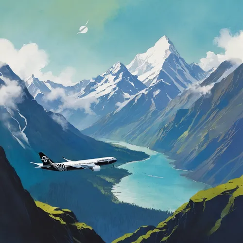 air new zealand,travel poster,china southern airlines,over the alps,japanese alps,take-off of a cliff,high alps,pilatus pc-12,the spirit of the mountains,plane,fokker f28 fellowship,travelers,airline,alps,aeroplane,gliding,seaplane,corporate jet,digital nomads,airplanes,Illustration,Paper based,Paper Based 05