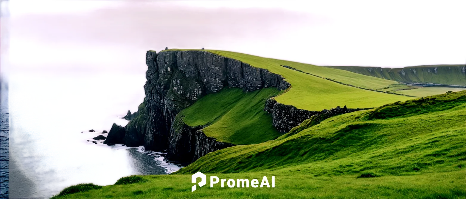 Ireland landscape, Emerald Isle, rolling green hills, rugged coastline, grey stone cliffs, misty fog, soft sunlight, panoramic view, 3/4 composition, shallow depth of field, warm color tone, cinematic