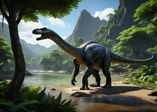 titanosaur, massive dinosaur, The Island, Ark: Survival Evolved, prehistoric creature, gentle giant, roaming, lush greenery, tropical forest, near mountains, riverbank, natural habitat, daytime, brigh