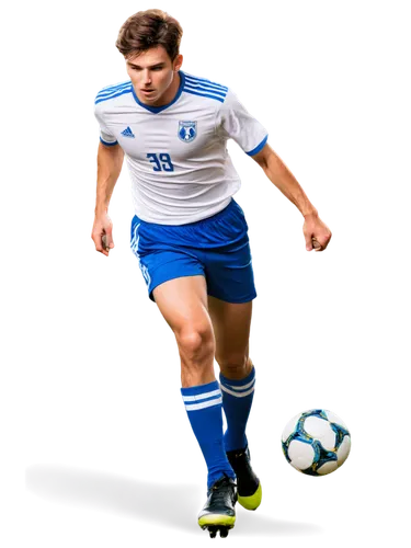 Male soccer player, athletic build, dynamic pose, sweaty face, focused expression, messy short hair, nose bridge, prominent jawline, white jersey, blue shorts, shin guards, soccer cleats, ball at feet