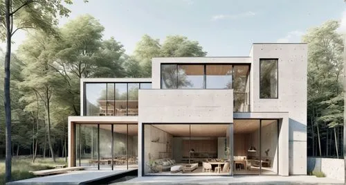 a contemporary villa within a green park,an architectural drawing of a modern house with large windows and a large door to the side,modern house,cubic house,dunes house,timber house,danish house,frame