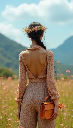 suitcase in field,vintage floral,vintage woman,countrywomen,countrywoman,retro woman