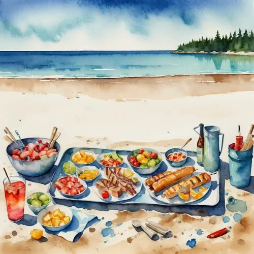 seafood boil,sea foods,summer foods,new england clam bake,beach restaurant,summer bbq,sea food,grilled food sketches,barbecue,watercolor background,seafood,greek food,picnic,watercolor painting,hawaiian food,seafood platter,bahian cuisine,watercolor cafe,placemat,beach bar,Illustration,Paper based,Paper Based 25