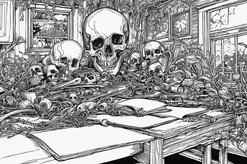 vanitas,skull rowing,hand-drawn illustration,pile of bones,memento mori,skull drawing,skeletons,skulls,anatomy,autopsy,office line art,skulls and,pencils,skull bones,skulls bones,pen drawing,game drawing,skull racing,workroom,apothecary,Conceptual Art,Fantasy,Fantasy 08