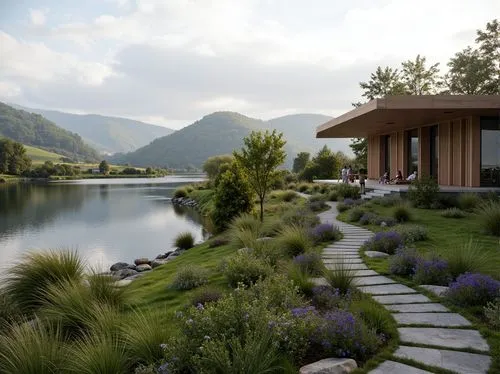 amanresorts,lefay,landscaped,landscape designers sydney,render,landscape design sydney,3d rendering,house with lake,house by the water,home landscape,grass roof,lago grey,summer house,hovnanian,chalet,house in the mountains,summer cottage,luxury property,revit,landscaping