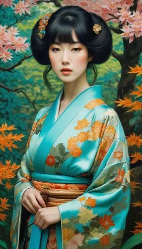 geisha girl,geisha,japanese woman,japanese art,geiko,maiko,kimono fabric,geishas,japanese floral background,uemura,oriental girl,kimono,oriental painting,chuseok,oriental princess,hanbok,toshiko,floral japanese,daiyu,arhats,Illustration,Realistic Fantasy,Realistic Fantasy 08