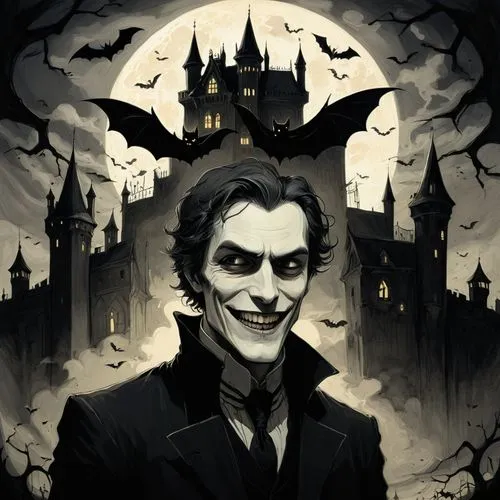 arkham,joker,drac,gothams,count dracula,gotham,vampyr,vampire,mistah,dracula,villainous,darktown,halloween illustration,alfred,villified,vampiric,baskerville,scare crow,batboy,gothicus,Illustration,Black and White,Black and White 02