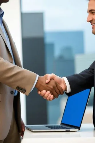 two men shaking hands over a laptop computer,establishing a business,salesmanship,handshake icon,handshaking,partnerships,proprietorships