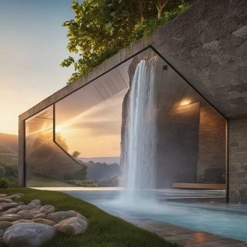 water wall,luxury bathroom,cubic house,house in mountains,modern architecture,futuristic architecture,modern house,3d rendering,house in the mountains,pool house,house by the water,water feature,expos