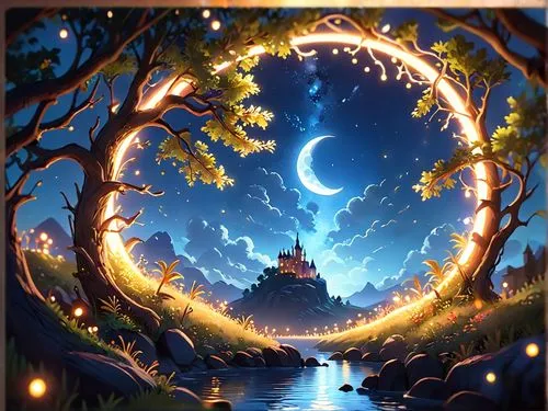 一个月亮和闪闪的星星,fantasy picture,fairy tale castle,fantasy landscape,fairy tale,children's fairy tale,magical,a fairy tale,crescent moon,fairy tales,fairy tale character,magical adventure,fantasy world,fant