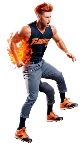 Baseball player, muscular man, dynamic pose, fiery hairstyle, orange-red flames, sleeveless jersey, baseball pants, cleats, throwing motion, intense facial expression, sweat droplets, strong lighting,