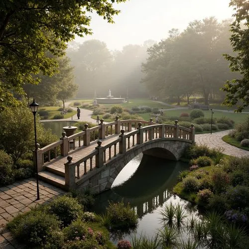 Rustic stone bridges, ornate balustrades, lush greenery, vibrant flowers, meandering waterways, serene lakeside, tranquil atmosphere, soft warm lighting, misty morning, natural stone pathways, decorat