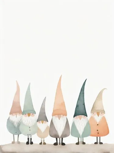 gnomes,scandia gnomes,witches' hats,gnomes at table,cones,traffic cones,elves,gnome ice skating,party hats,wooden figures,origami,cone,miniature figures,gnome,arrowroot family,teepees,whimsical animals,villagers,figurines,group of people,Art,Artistic Painting,Artistic Painting 49