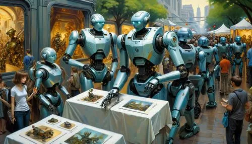 A futuristic city where robots have taken up traditional arts like painting, sculpture, and music. Depict a bustling art fair with robots showcasing their masterpieces.,cybermen,automatons,vendors,art