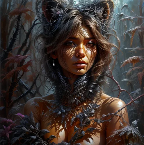 fantasy portrait,dryad,shamanic,mystical portrait of a girl,fantasy art,faun,feral,the enchantress,faery,huntress,wild cat,shamanism,faerie,polynesian girl,feral cat,shaman,girl in a wreath,warrior woman,undergrowth,tiger lily