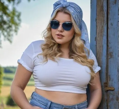 sunglasses,chubby,young woman,jeans,t-shirt,headscarf