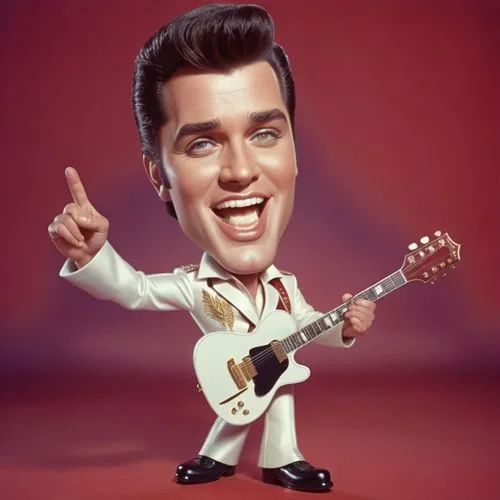 Caricature style drawing of a celebrity, big head, small body, exaggerated facial expressions. A 3D animated character resembling Elvis Presley, wearing a whiteA jumpsuit with red and gold accents, bl