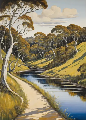 david bates,brook landscape,river landscape,watercourse,river cooter,tasmania,coastal landscape,carol colman,flowing creek,meander,riverbank,riparian forest,south australia,olle gill,new south wales,graeme strom,glen of the downs,rural landscape,catarpe valley,river juniper,Illustration,Retro,Retro 21