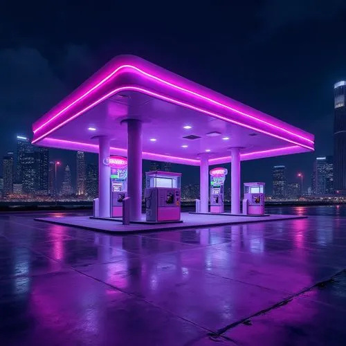 electric gas station,gas station,e-gas station,petrol pump,neon arrows,bgc,aesthetic,chongqing,filling station,forecourt,unipetrol,shanghai,guangzhou,neon coffee,hkmiami,gas pump,neon drinks,vapor,miami,ultraviolet,Photography,General,Realistic