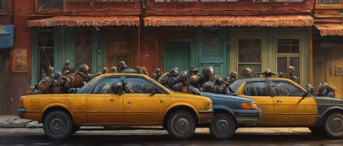 new york taxi,taxicabs,taxi stand,yellow taxi,taxi,cab driver,taxi cab,cabs,city car,yellow cab,yellow car,street scene,a flock of pigeons,street pigeons,world digital painting,city pigeons,traffic jam,urbanization,buick encore,city scape,Illustration,Realistic Fantasy,Realistic Fantasy 28